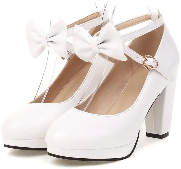 Womens Mary Jane Shoes Solid Chic Bow Lolita Platform High Heels Kawaii Shoes Round Toe Dress Pumps