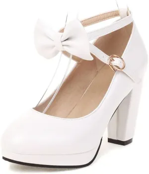 Womens Mary Jane Shoes Solid Chic Bow Lolita Platform High Heels Kawaii Shoes Round Toe Dress Pumps