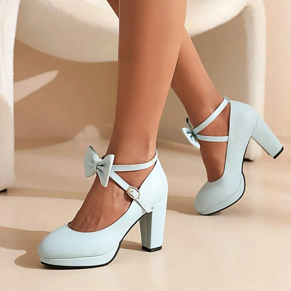 Womens Mary Jane Shoes Solid Chic Bow Lolita Platform High Heels Kawaii Shoes Round Toe Dress Pumps