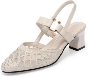 Women's Mesh Rhinestone Chunky Heel Sandals Elegant Closed Pointed Toe Non-Slip Block Heel Slingback Pumps with Instep Buckle Causal Breathable Walking Mam Sandals