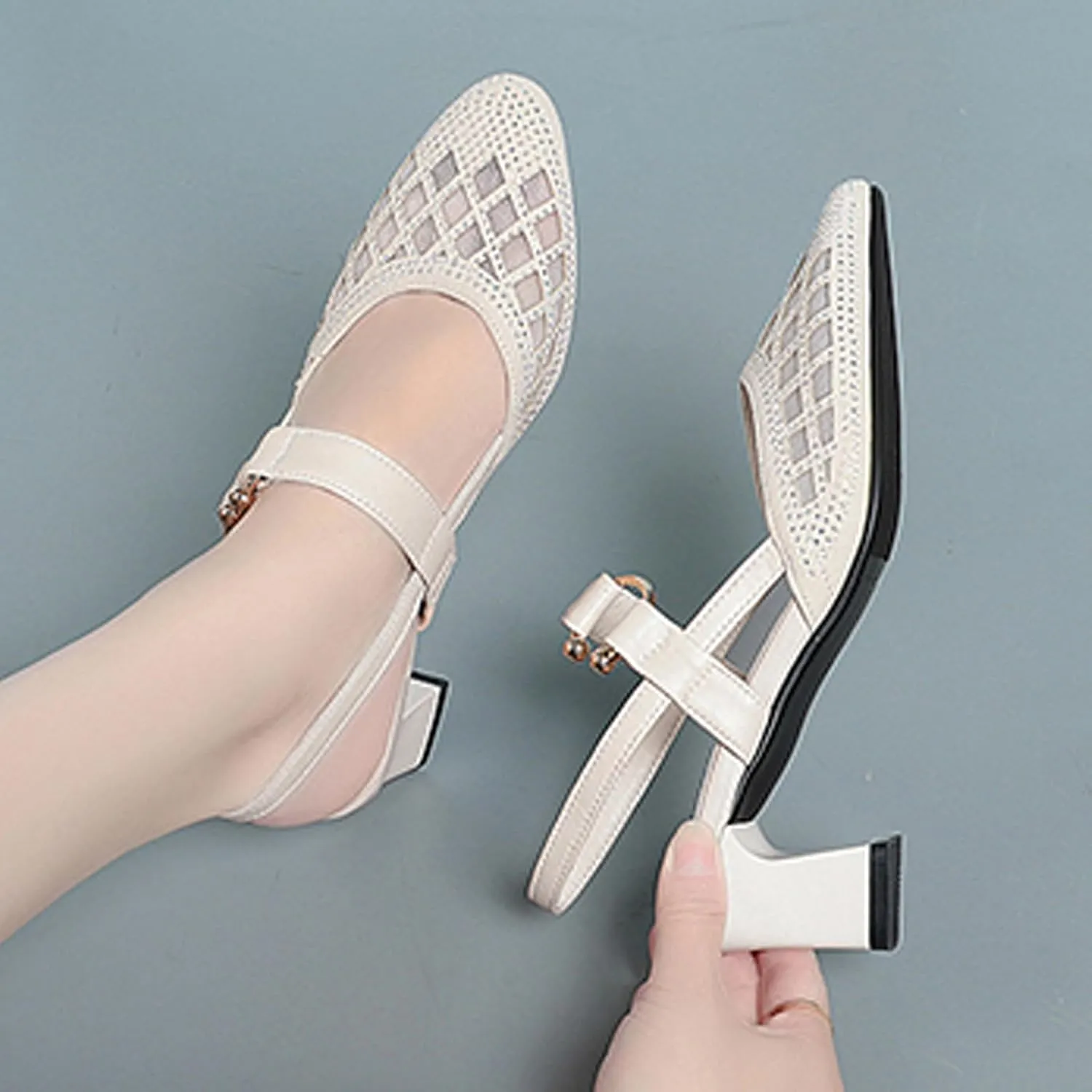 Women's Mesh Rhinestone Chunky Heel Sandals Elegant Closed Pointed Toe Non-Slip Block Heel Slingback Pumps with Instep Buckle Causal Breathable Walking Mam Sandals