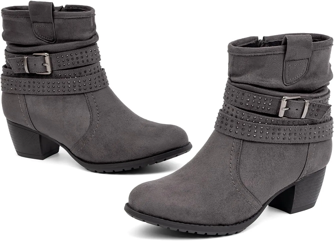 Women's Mid Calf Boots,Round Toe Comfort Low Heel Slouchy Dress zip booties with Jeweled strap