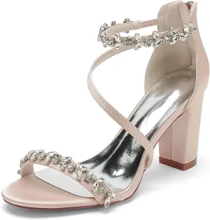 Women's Open Toe Evening Prom Party Bridal Dress Pumps Back Zip Heeled Sandal Chunky Block Heel Crystal Wedding Shoes