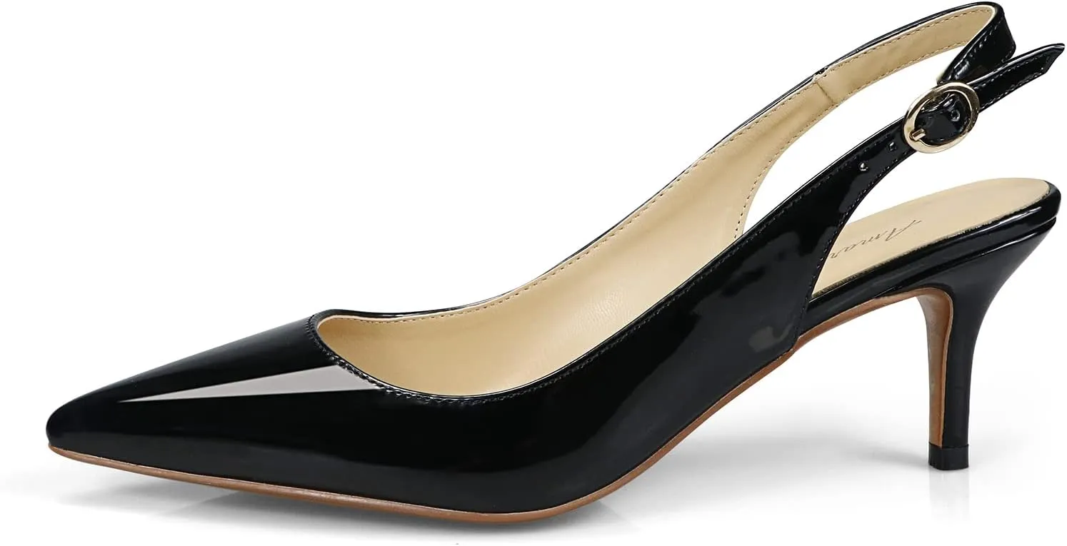Women's Patent Leather Pointed Toe Elegant Kitten Heel Slingback Dress Pump Shoes