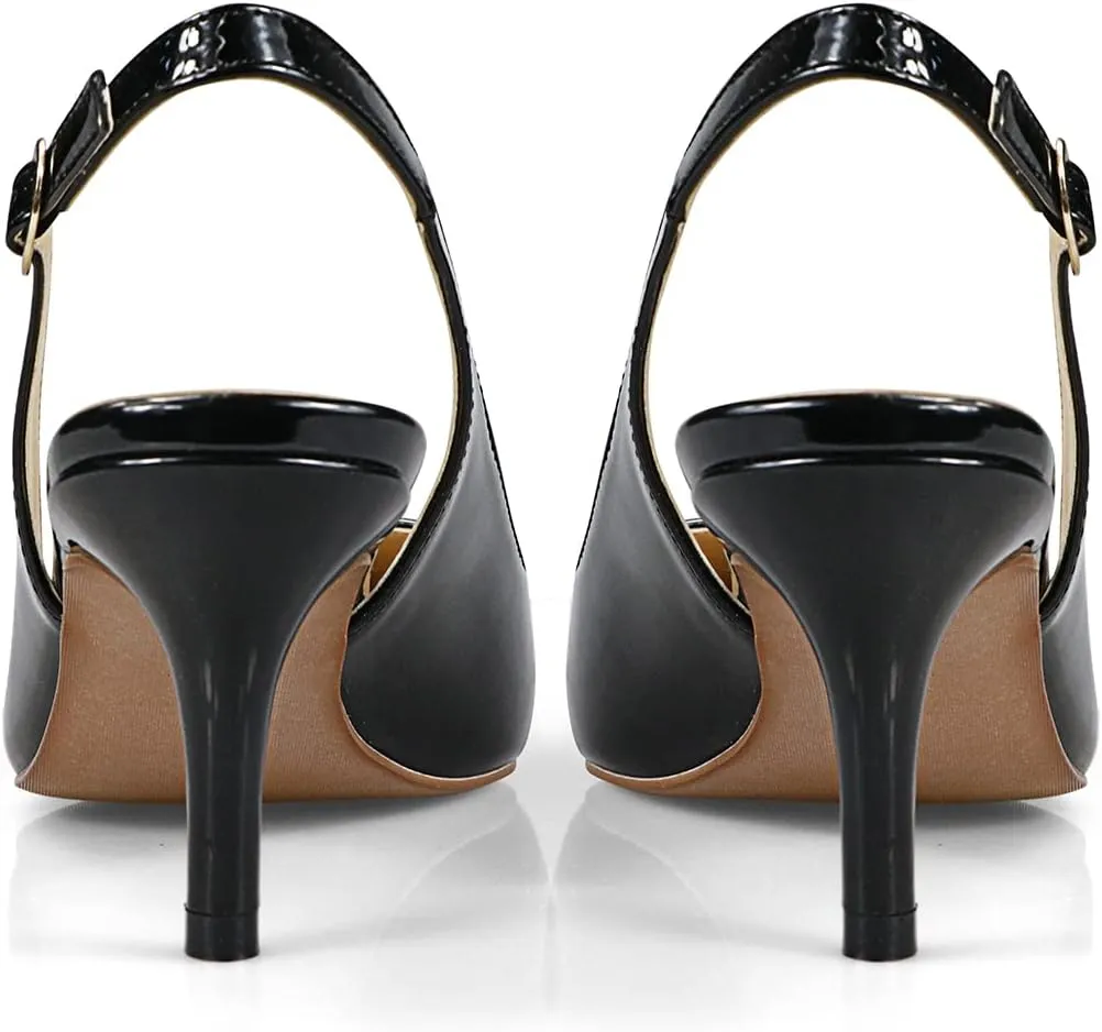 Women's Patent Leather Pointed Toe Elegant Kitten Heel Slingback Dress Pump Shoes