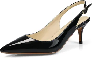 Women's Patent Leather Pointed Toe Elegant Kitten Heel Slingback Dress Pump Shoes