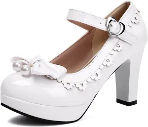 Women's Pearls Bow Platform High Heel Mary Janes Patent Leather Mirror Ruffles Grace Office Work Dress Pumps for Sweet Wedding Party Cosplay