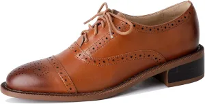 Women's Perforated Classic Lace-up Oxfords Brogue Wingtip Round Toe Derby Saddle Leather Shoes for Women Girls Lady Wife