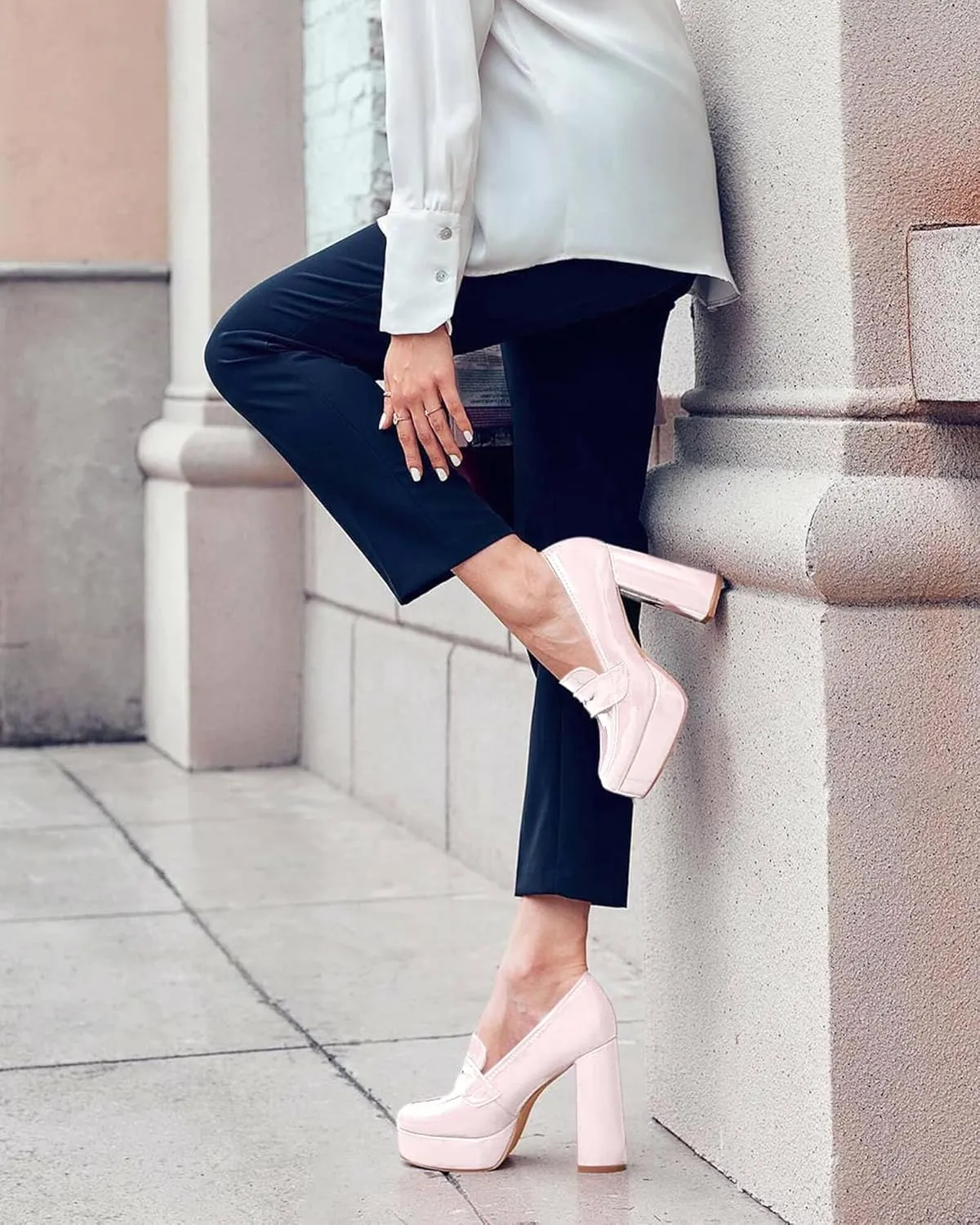 Womens Platform Heels Loafers Chunky High Heel Closed Toe Patent Leather Shoes Penny Loafer Business Dress Work Pumps