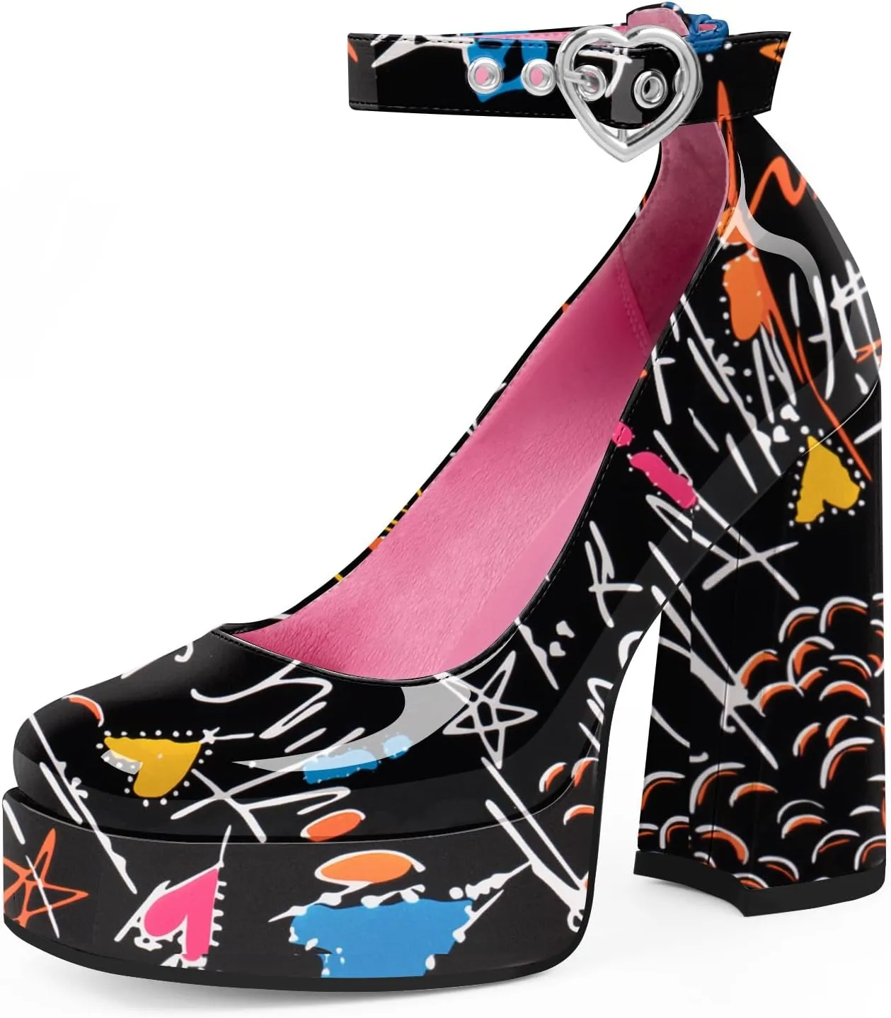 Women's Platform High Block Heel Pumps Ankle Strap Heart Buckle Square Toe Patent Leather Party Prom Dress Shoes