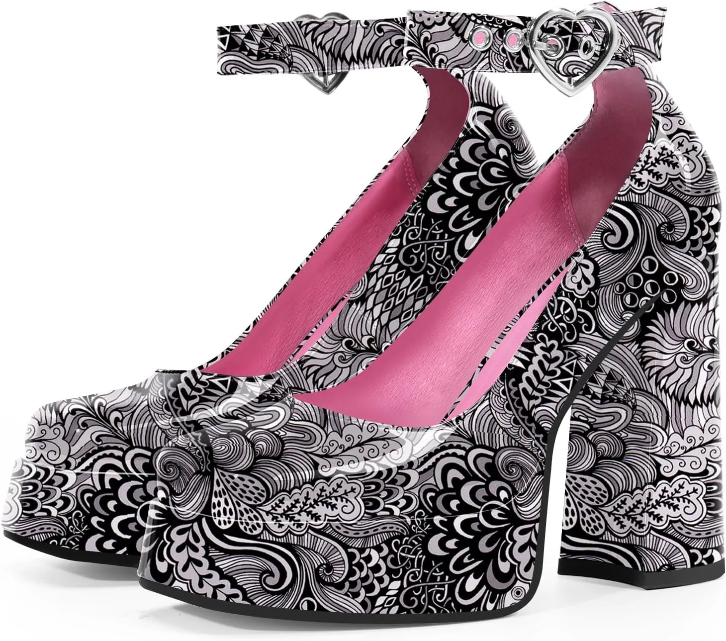 Women's Platform High Block Heel Pumps Ankle Strap Heart Buckle Square Toe Patent Leather Party Prom Dress Shoes