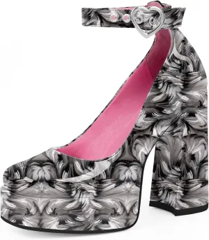 Women's Platform High Block Heel Pumps Ankle Strap Heart Buckle Square Toe Patent Leather Party Prom Dress Shoes