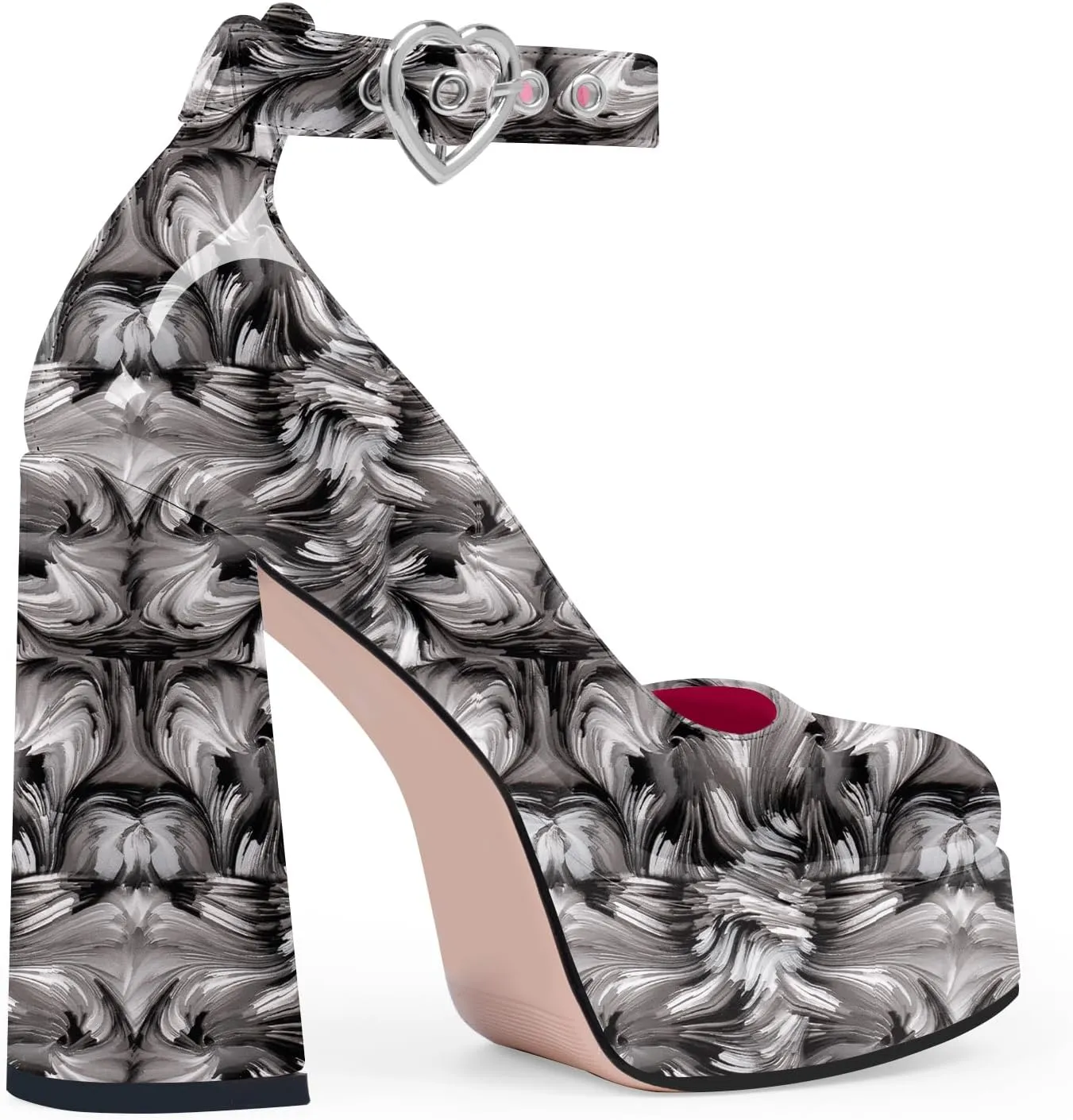Women's Platform High Block Heel Pumps Ankle Strap Heart Buckle Square Toe Patent Leather Party Prom Dress Shoes