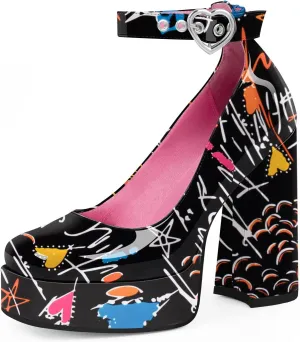 Women's Platform High Block Heel Pumps Ankle Strap Heart Buckle Square Toe Patent Leather Party Prom Dress Shoes