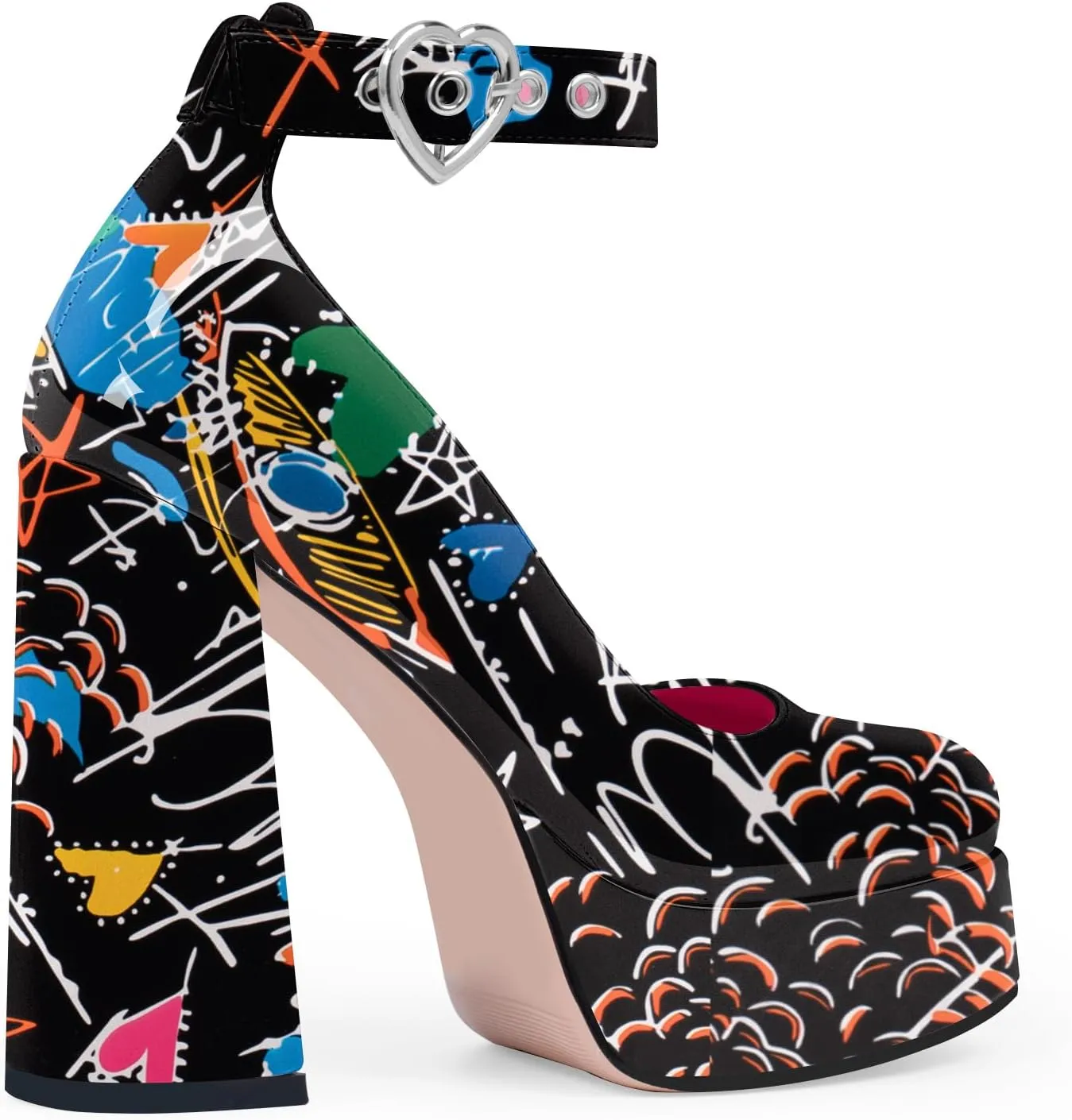 Women's Platform High Block Heel Pumps Ankle Strap Heart Buckle Square Toe Patent Leather Party Prom Dress Shoes