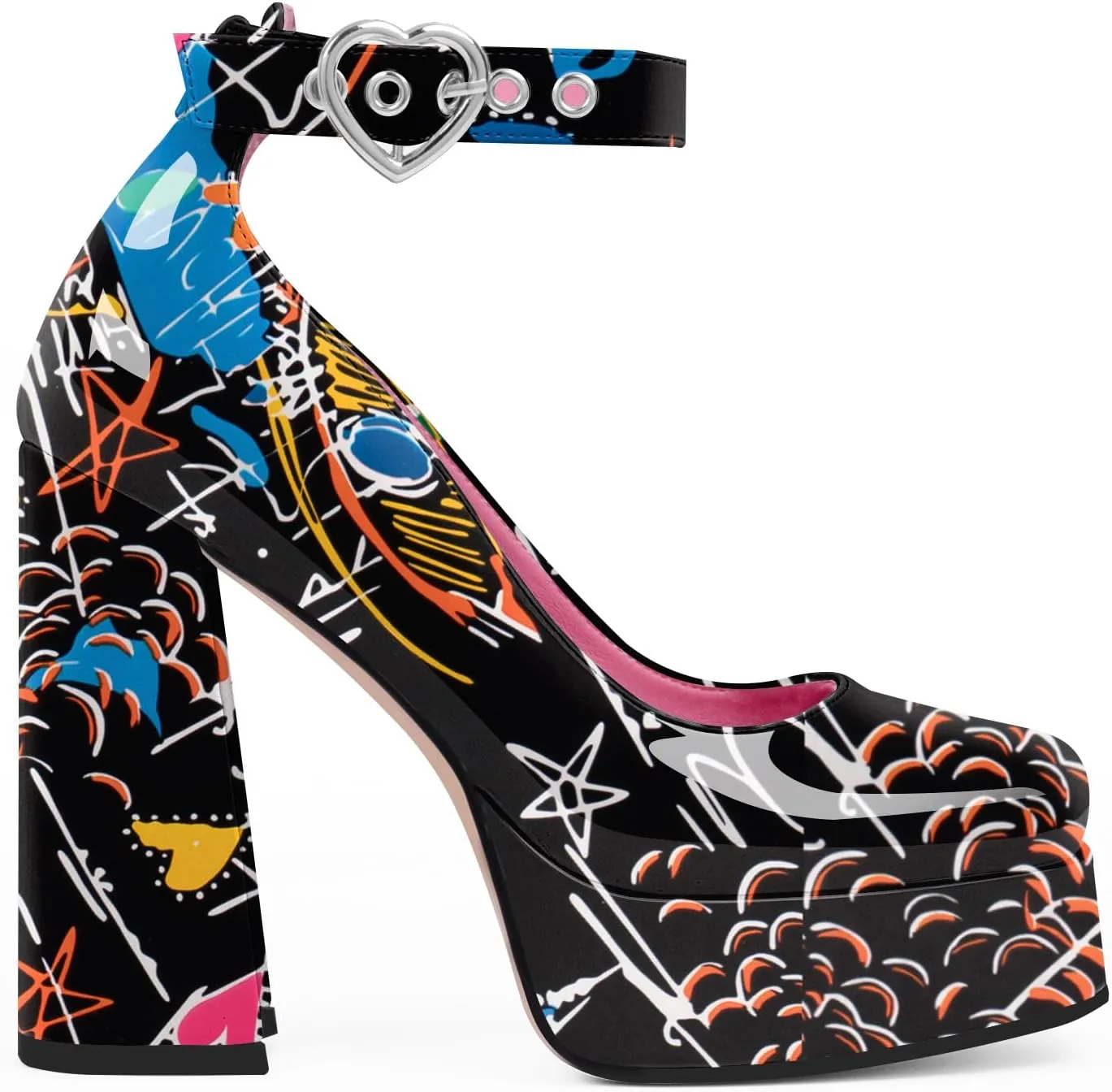 Women's Platform High Block Heel Pumps Ankle Strap Heart Buckle Square Toe Patent Leather Party Prom Dress Shoes