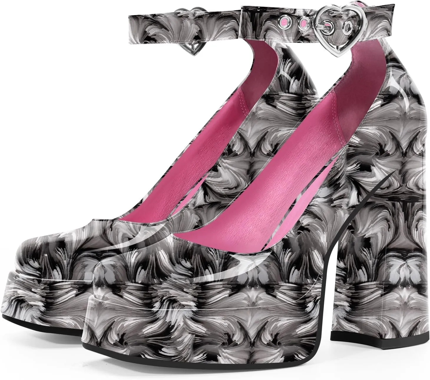 Women's Platform High Block Heel Pumps Ankle Strap Heart Buckle Square Toe Patent Leather Party Prom Dress Shoes