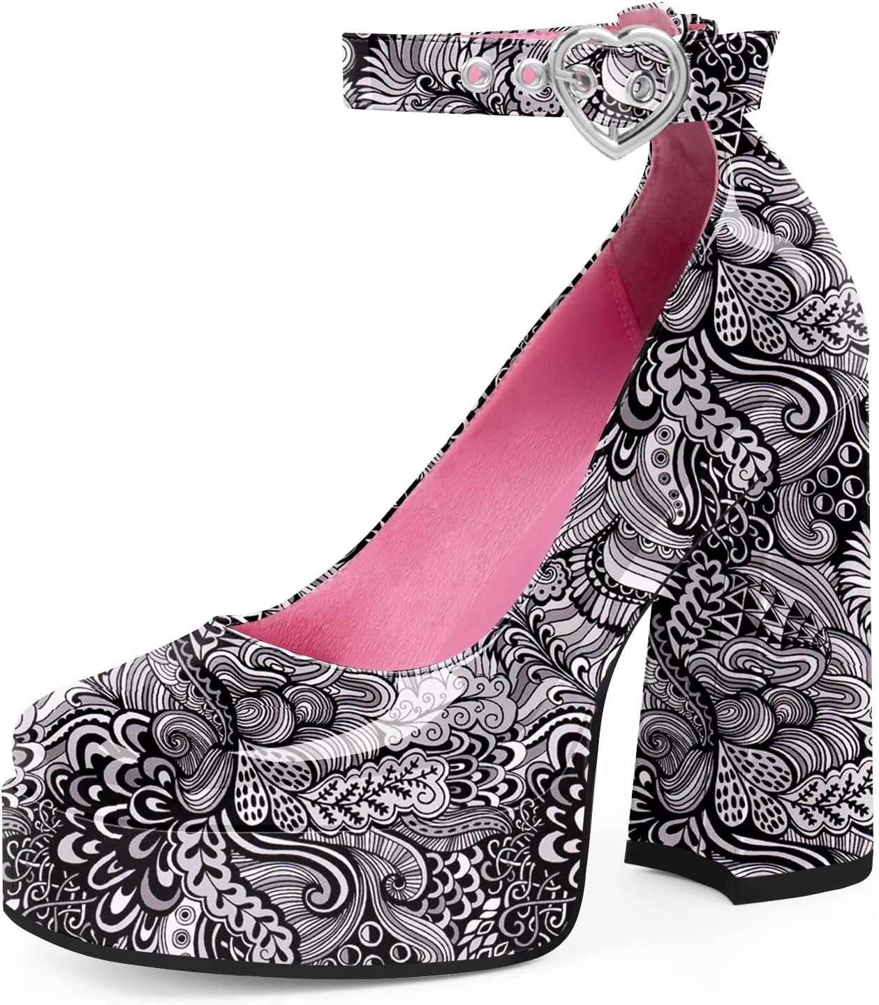 Women's Platform High Block Heel Pumps Ankle Strap Heart Buckle Square Toe Patent Leather Party Prom Dress Shoes