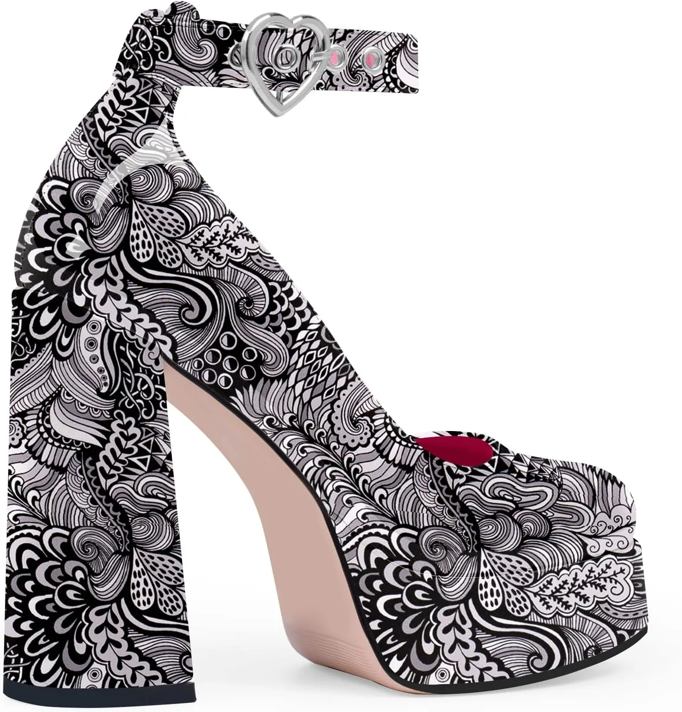 Women's Platform High Block Heel Pumps Ankle Strap Heart Buckle Square Toe Patent Leather Party Prom Dress Shoes