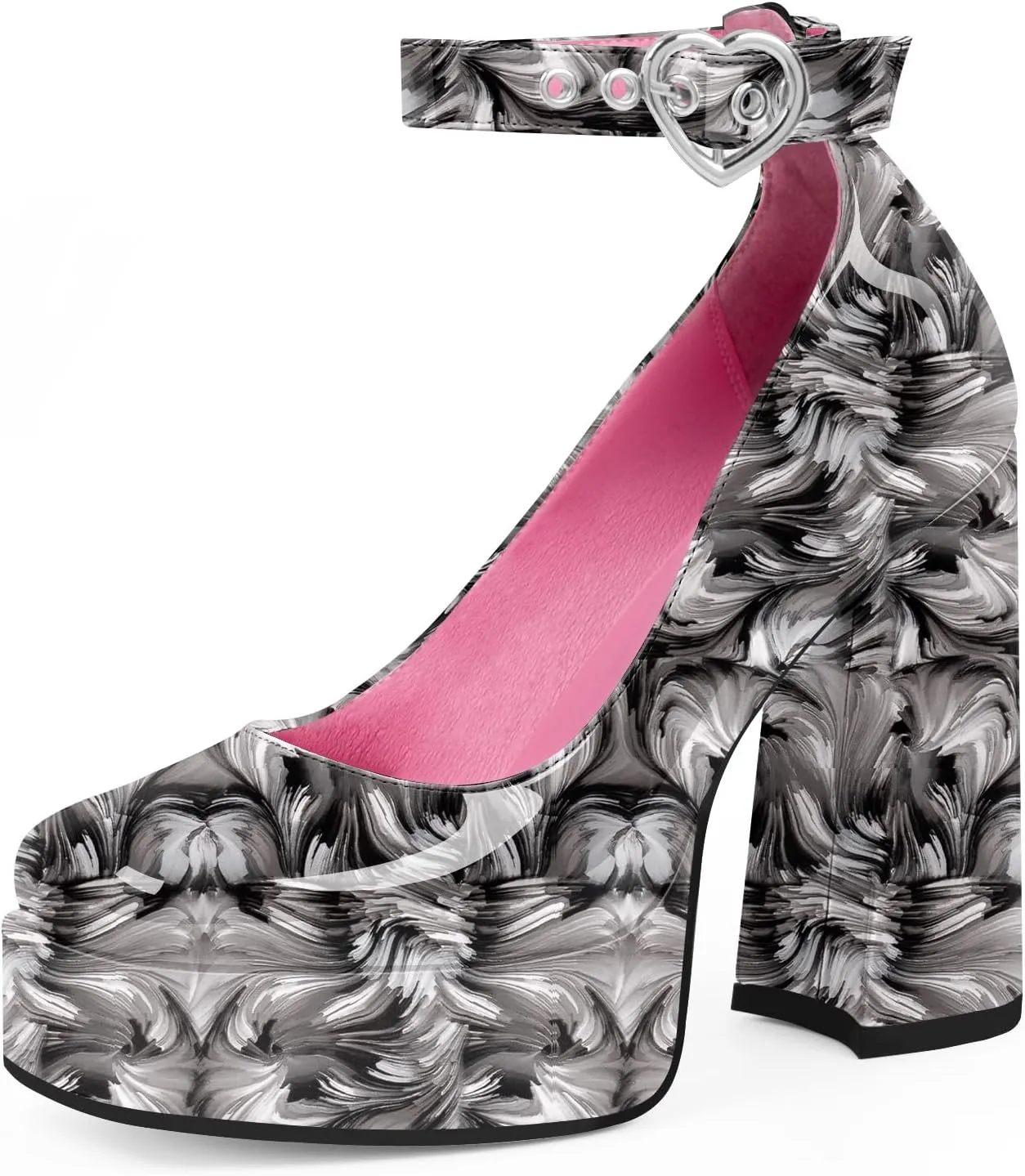 Women's Platform High Block Heel Pumps Ankle Strap Heart Buckle Square Toe Patent Leather Party Prom Dress Shoes