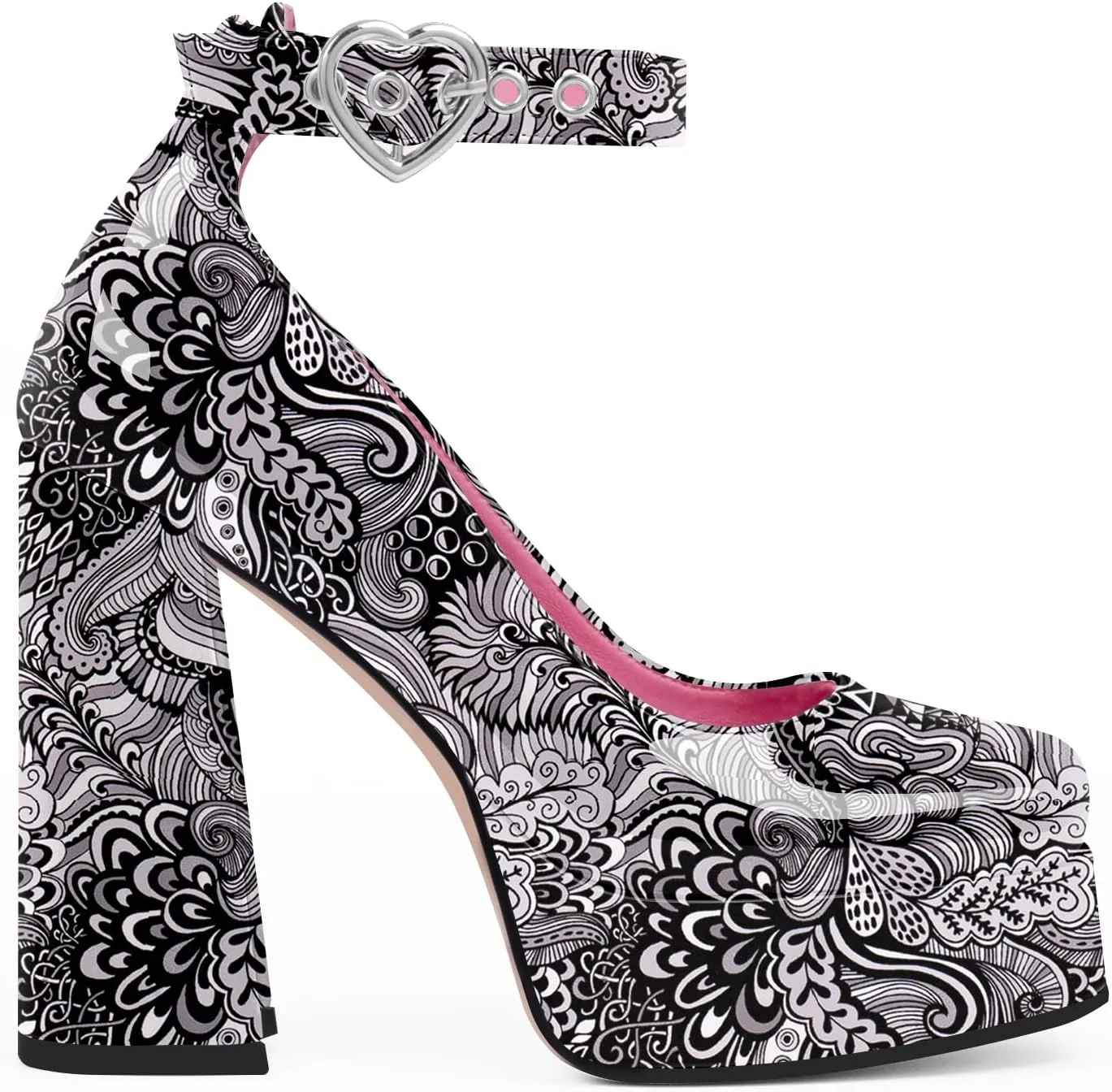Women's Platform High Block Heel Pumps Ankle Strap Heart Buckle Square Toe Patent Leather Party Prom Dress Shoes
