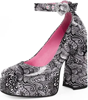 Women's Platform High Block Heel Pumps Ankle Strap Heart Buckle Square Toe Patent Leather Party Prom Dress Shoes