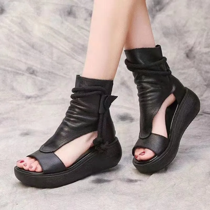 Women's Platform Outdoor Sandal Boots Wedge Bottom Fashion High Top Sandals Open Toe Boot Sandals for Women (Brown,6)