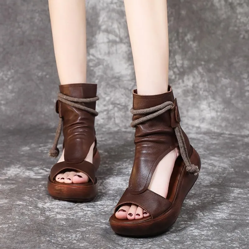 Women's Platform Outdoor Sandal Boots Wedge Bottom Fashion High Top Sandals Open Toe Boot Sandals for Women (Brown,6)