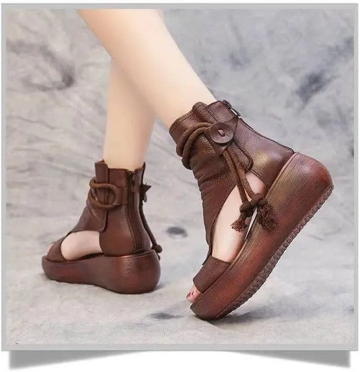 Women's Platform Outdoor Sandal Boots Wedge Bottom Fashion High Top Sandals Open Toe Boot Sandals for Women (Brown,6)