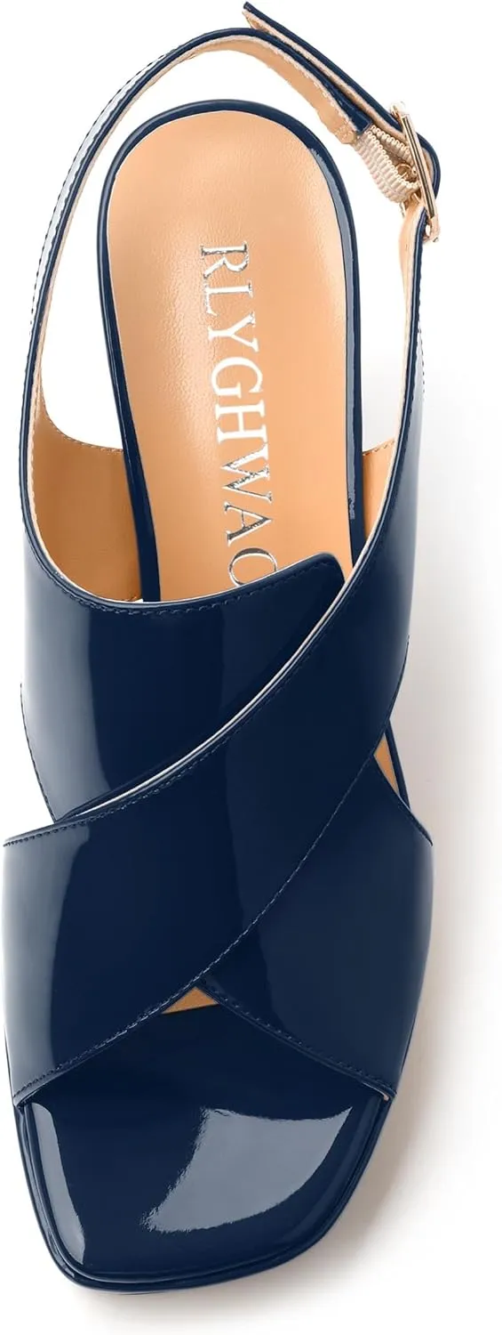 Women's Platform Sandals, Slingback Open Toe Buckle Heels for Women, Fashion Solid Patent High Heel Shoes 3.35 inch
