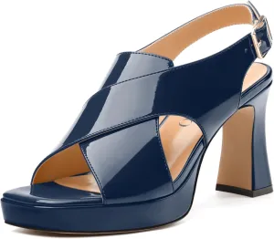 Women's Platform Sandals, Slingback Open Toe Buckle Heels for Women, Fashion Solid Patent High Heel Shoes 3.35 inch