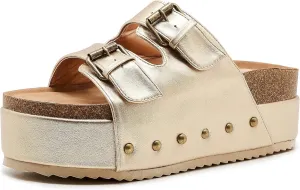 Women's Platform Slide Sandals Comfortable Cork Footbed Studded Clogs Adjustable Buckle Straps Open Toe Flatform Sandal Summer Slipper
