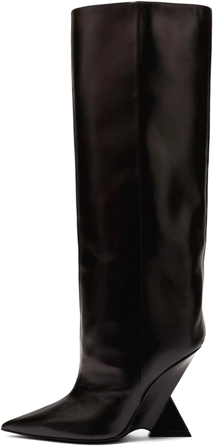 Women's Pointed Toe Slope Heel Knee High Boots Special High Wedge Heel Pull On Boots for Women Fashion Commuter Tall Boots