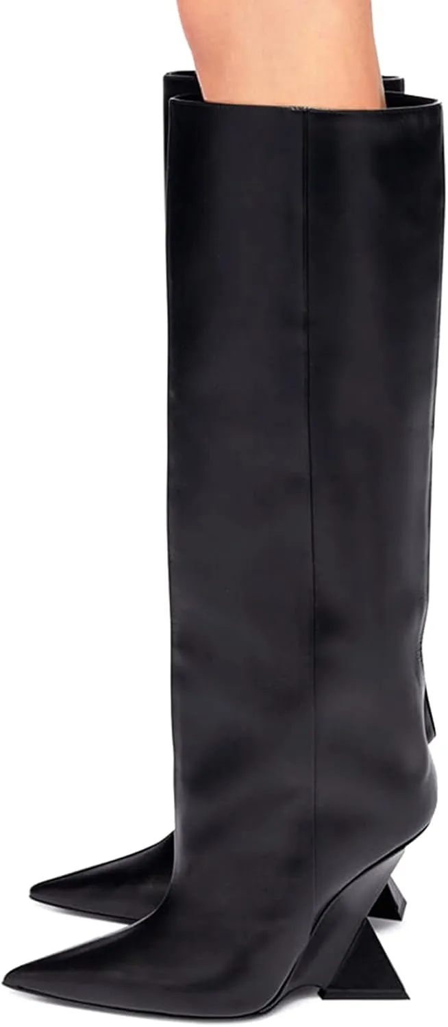 Women's Pointed Toe Slope Heel Knee High Boots Special High Wedge Heel Pull On Boots for Women Fashion Commuter Tall Boots