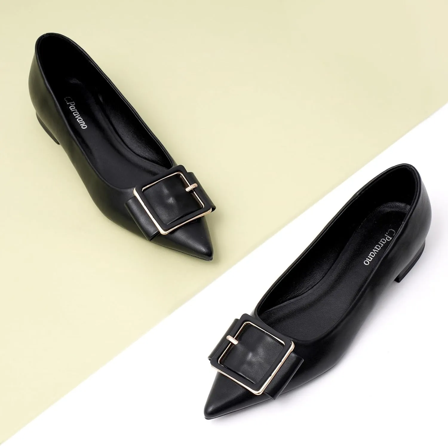 Women's Pointed Toe Square Buckle Flats Elegant Slip-On Ballet Flats Comfortable Dressy Shoes for Work Party Daily Wear
