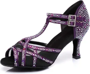 Womens Professional Dancing Shoes with Rhinestones Mesh Elegant Wedding Formal Sandals