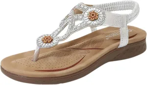 Womens Sandals Elastic Ankle Strap Sandals Casual Summer Flowers Sequins Bohemia Dress Shoes Slip On Beach Shoes