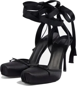 Women's Satin Ballet Slingback High Heels with Bows Closed Square Toe Lace-Up Stiletto Pumps Elegant Mary Jane Shoes for Wedding Party