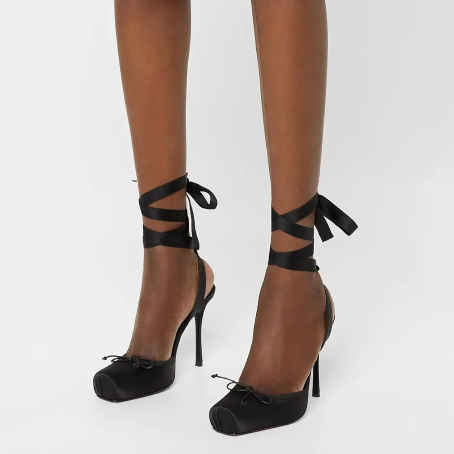 Women's Satin Ballet Slingback High Heels with Bows Closed Square Toe Lace-Up Stiletto Pumps Elegant Mary Jane Shoes for Wedding Party