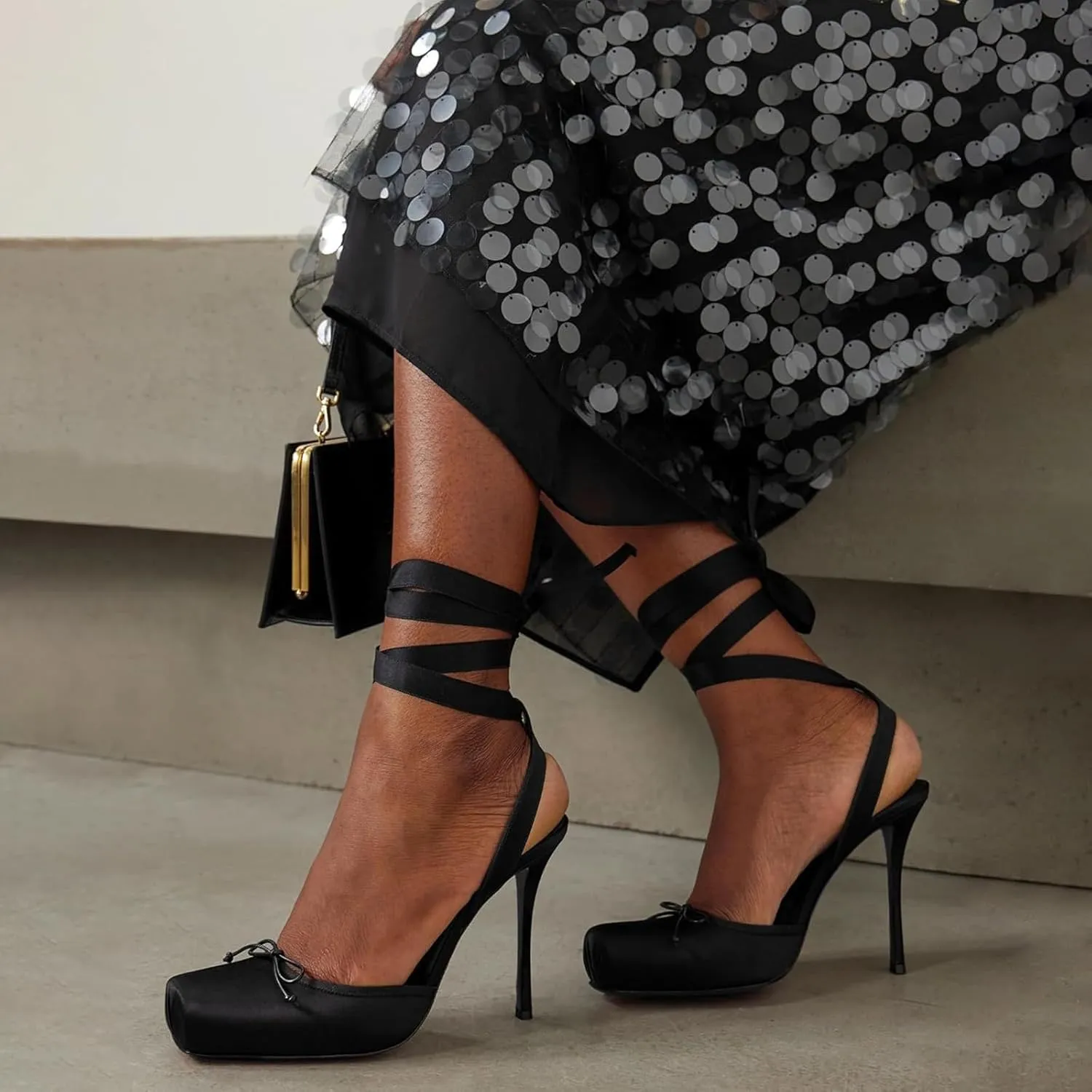 Women's Satin Ballet Slingback High Heels with Bows Closed Square Toe Lace-Up Stiletto Pumps Elegant Mary Jane Shoes for Wedding Party