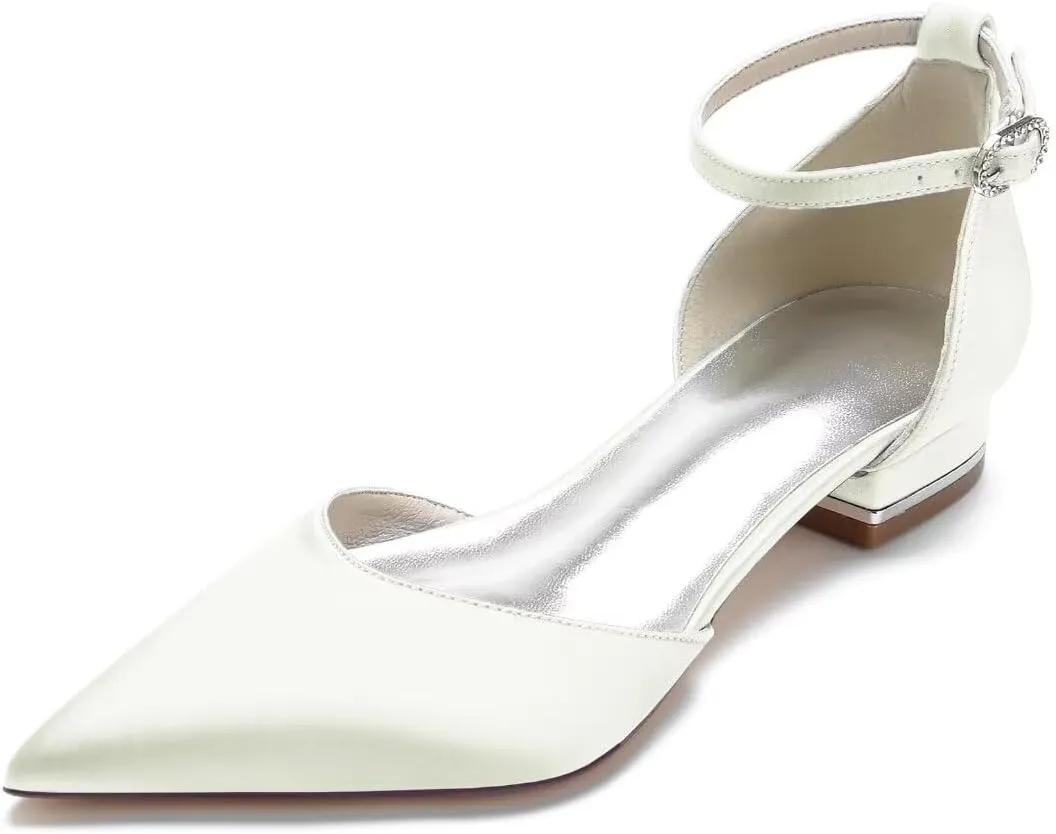 Women's Satin Bridal Flats Ankle Strap Wedding Shoes Pointed Toe Elegant Flats for Bride & Bridesmaid