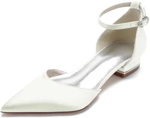 Women's Satin Bridal Flats Ankle Strap Wedding Shoes Pointed Toe Elegant Flats for Bride & Bridesmaid
