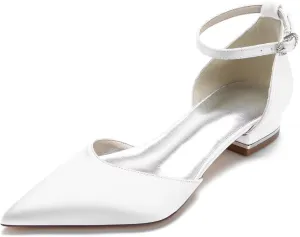 Women's Satin Bridal Flats Ankle Strap Wedding Shoes Pointed Toe Elegant Flats for Bride & Bridesmaid