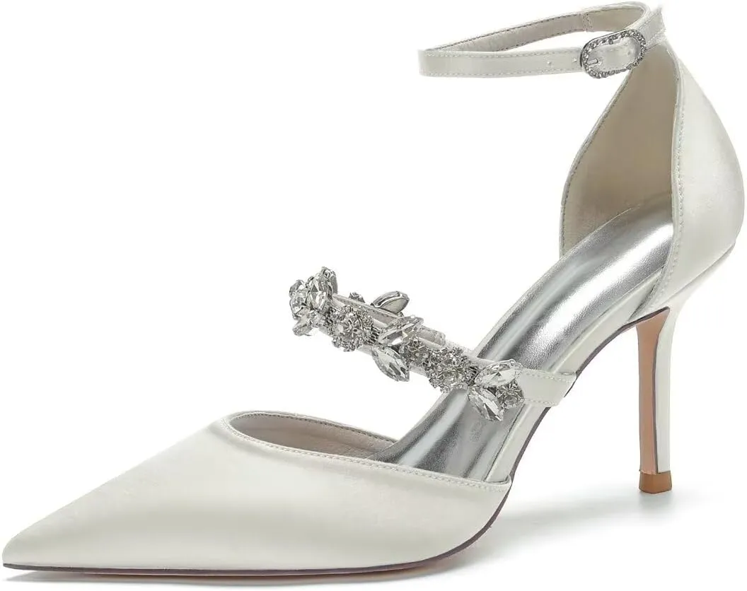 Women's Satin Bridal Heels - Rhinestone Ankle Strap Wedding Pumps, Pointed Toe High Heel Shoes for Bride & Prom, Elegant Cocktail Party & Ceremony Dress Shoes