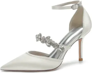 Women's Satin Bridal Heels - Rhinestone Ankle Strap Wedding Pumps, Pointed Toe High Heel Shoes for Bride & Prom, Elegant Cocktail Party & Ceremony Dress Shoes