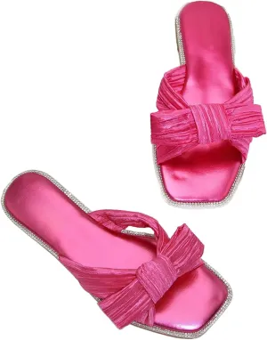 Women's Silk Pleated Bow Flat Slide Sandals Fashion Sexy Square Open Toe Slip-On Summer Dressy Slippers for Evening Party Wedding