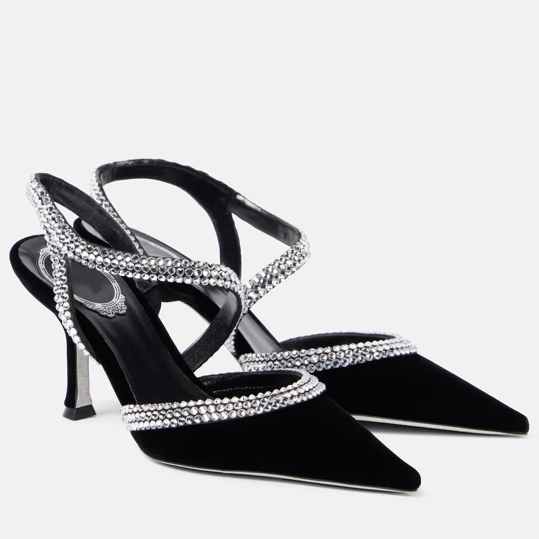 Women's Slingback High Heel Velvet Pumps Rhinestone Pointed Toe Strappy Sandals Kitten Heel Crystal Black Wedding Party Dress Shoes for Women