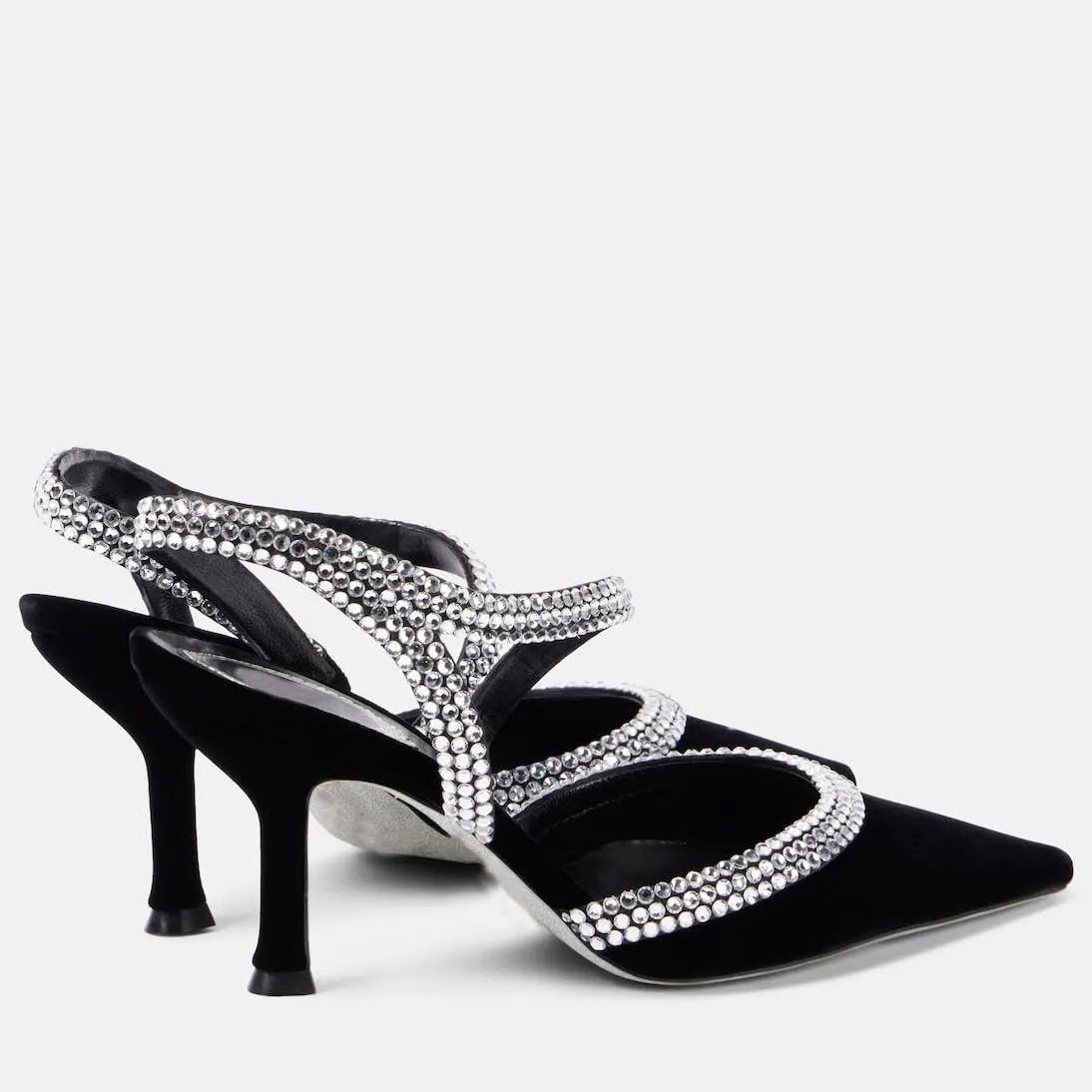 Women's Slingback High Heel Velvet Pumps Rhinestone Pointed Toe Strappy Sandals Kitten Heel Crystal Black Wedding Party Dress Shoes for Women