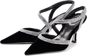 Women's Slingback High Heel Velvet Pumps Rhinestone Pointed Toe Strappy Sandals Kitten Heel Crystal Black Wedding Party Dress Shoes for Women