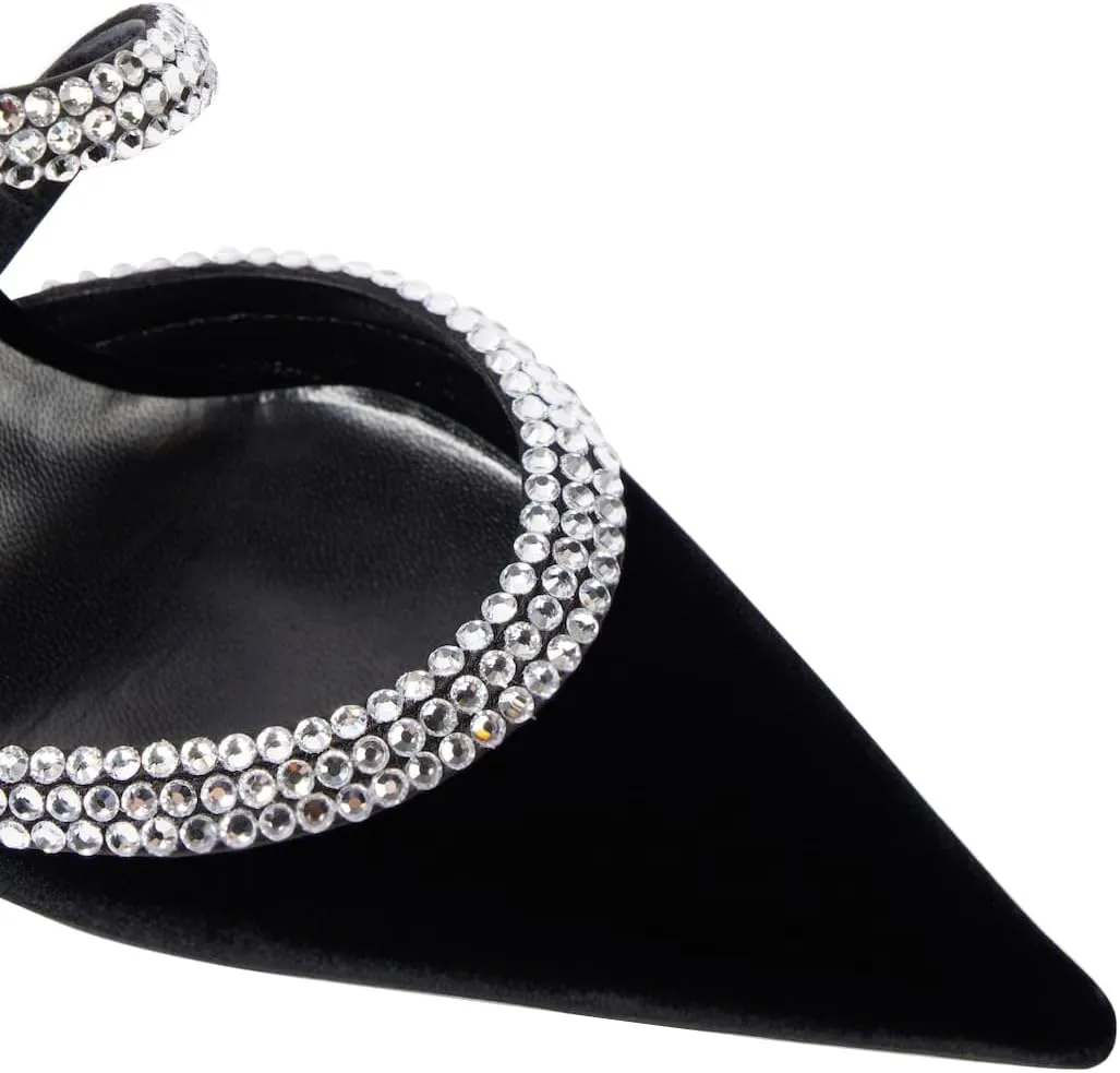 Women's Slingback High Heel Velvet Pumps Rhinestone Pointed Toe Strappy Sandals Kitten Heel Crystal Black Wedding Party Dress Shoes for Women